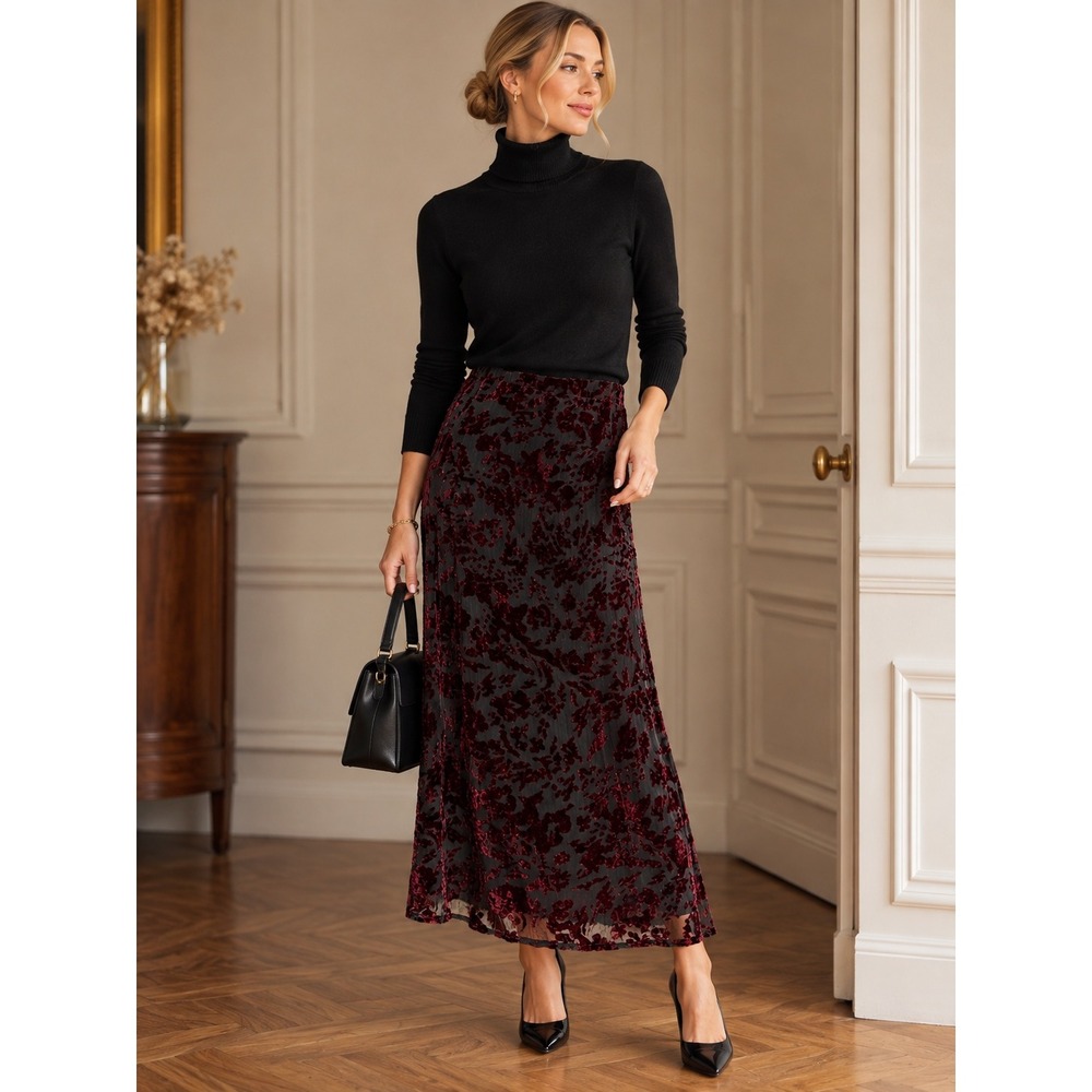 Vintage Chico's Design Skirt 1 Burgundy Silk Velvet Burnout Romantic Floral Maxi